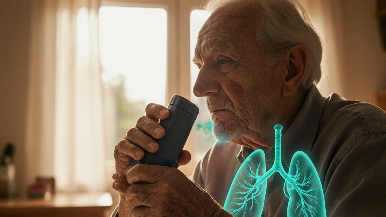 Ältere Person schüttelt und benutzt einen Combivent‑Inhalator, während ein leichter Medikamenten‑Hauch in die Lungen gelangt.