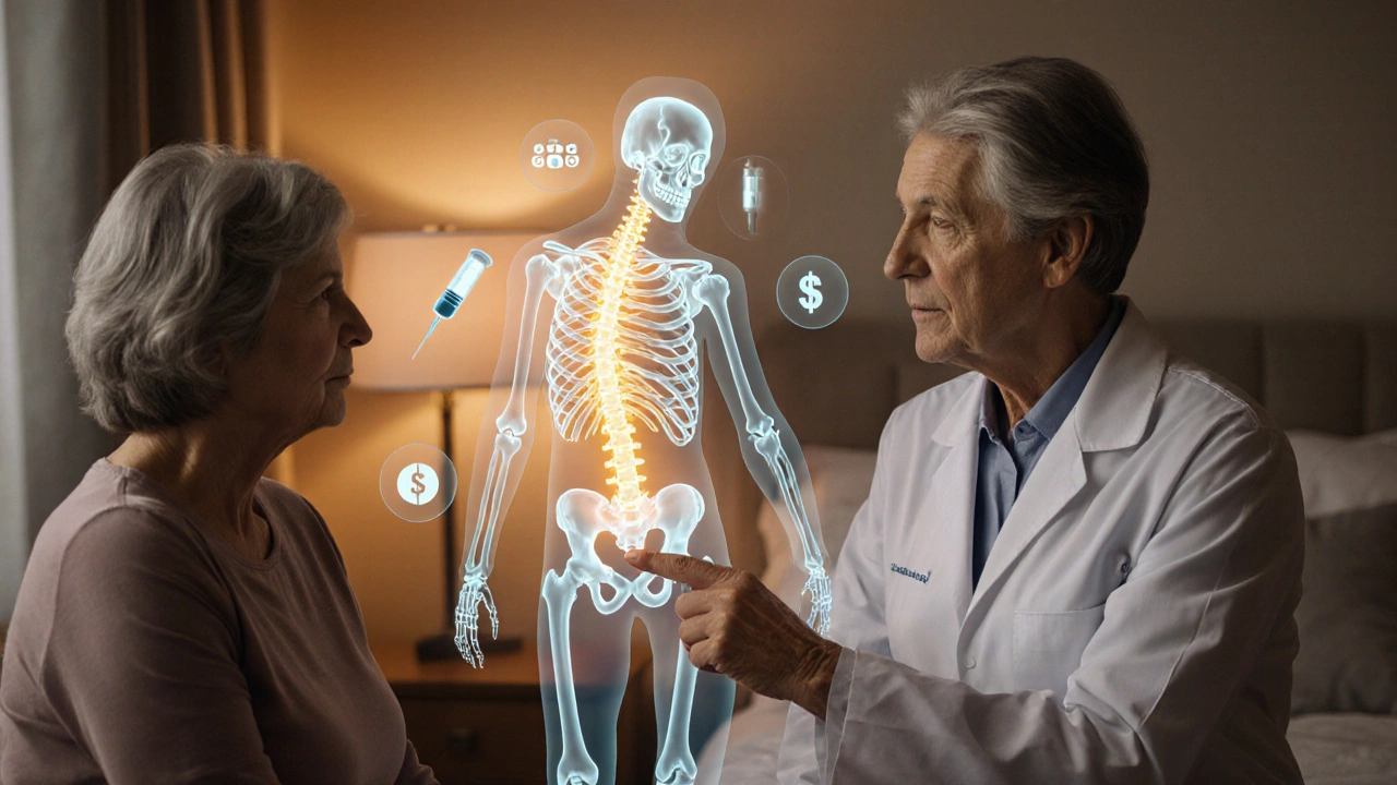 Arzt berät Patientin, im Hintergrund leuchtet ein Skelettgold, umgeben von Pillen‑, Spritzen‑ und Geld‑Symbolen.