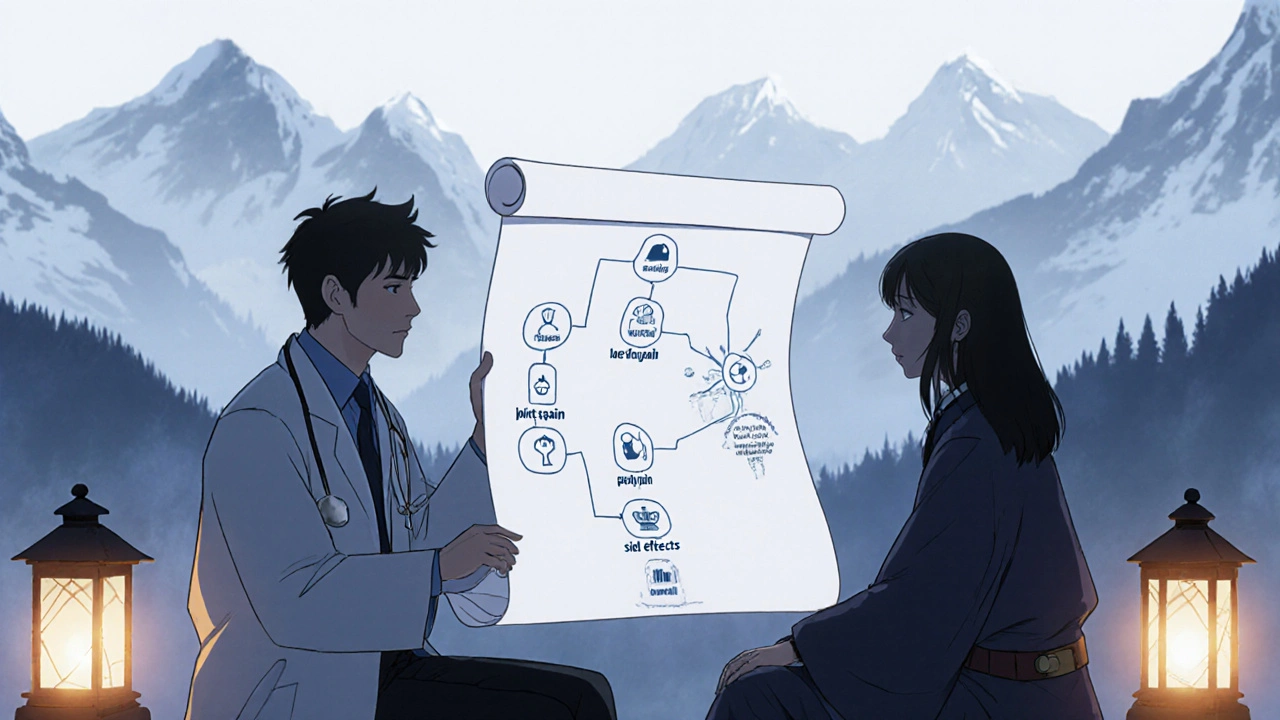 Arzt bespricht Alendronat‑Therapie mit Patient, Entscheidungspfad visualisiert.