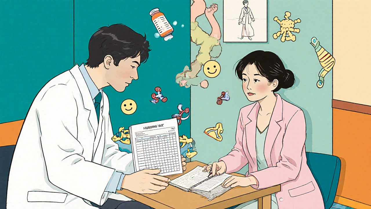 Arzt, Therapeut und Patient besprechen Blutzucker‑ und Stimmungsprotokoll, umgeben von Symbolen.