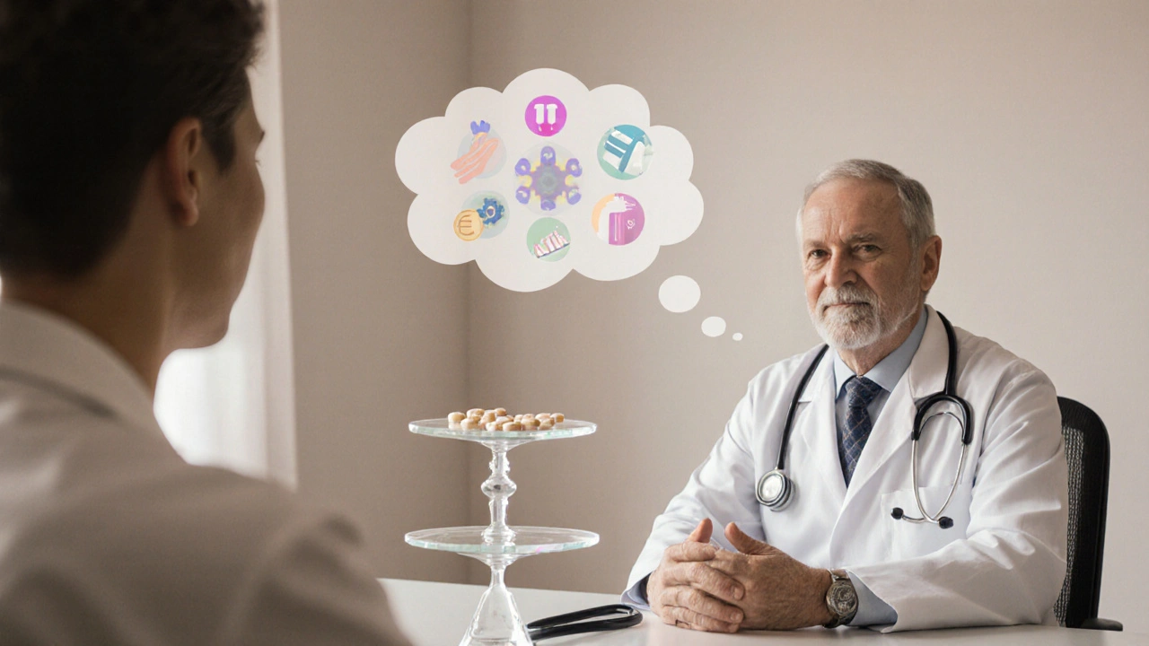 Arzt und Patient, Denkblase mit LDL‑Skala und Nebenwirkungs‑Icons