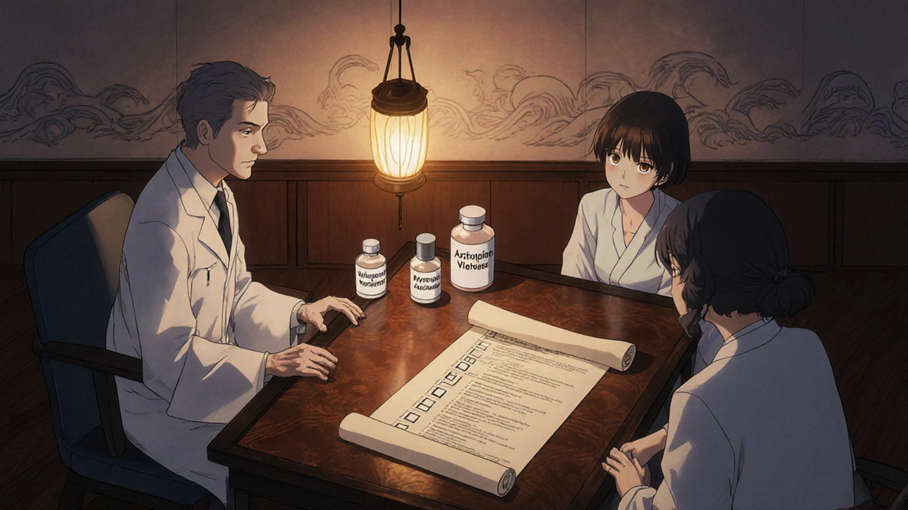 Arztteam prüft Checkliste und wählt zwischen Azathioprin und Mycophenolat für Senior.