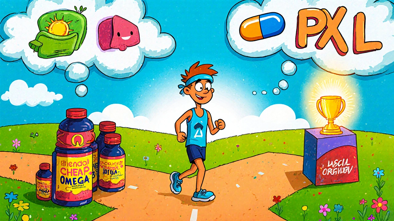 Cartoon‑Sportler an einer Gabelung zwischen günstigen Omega‑3 und teurem NPXL.