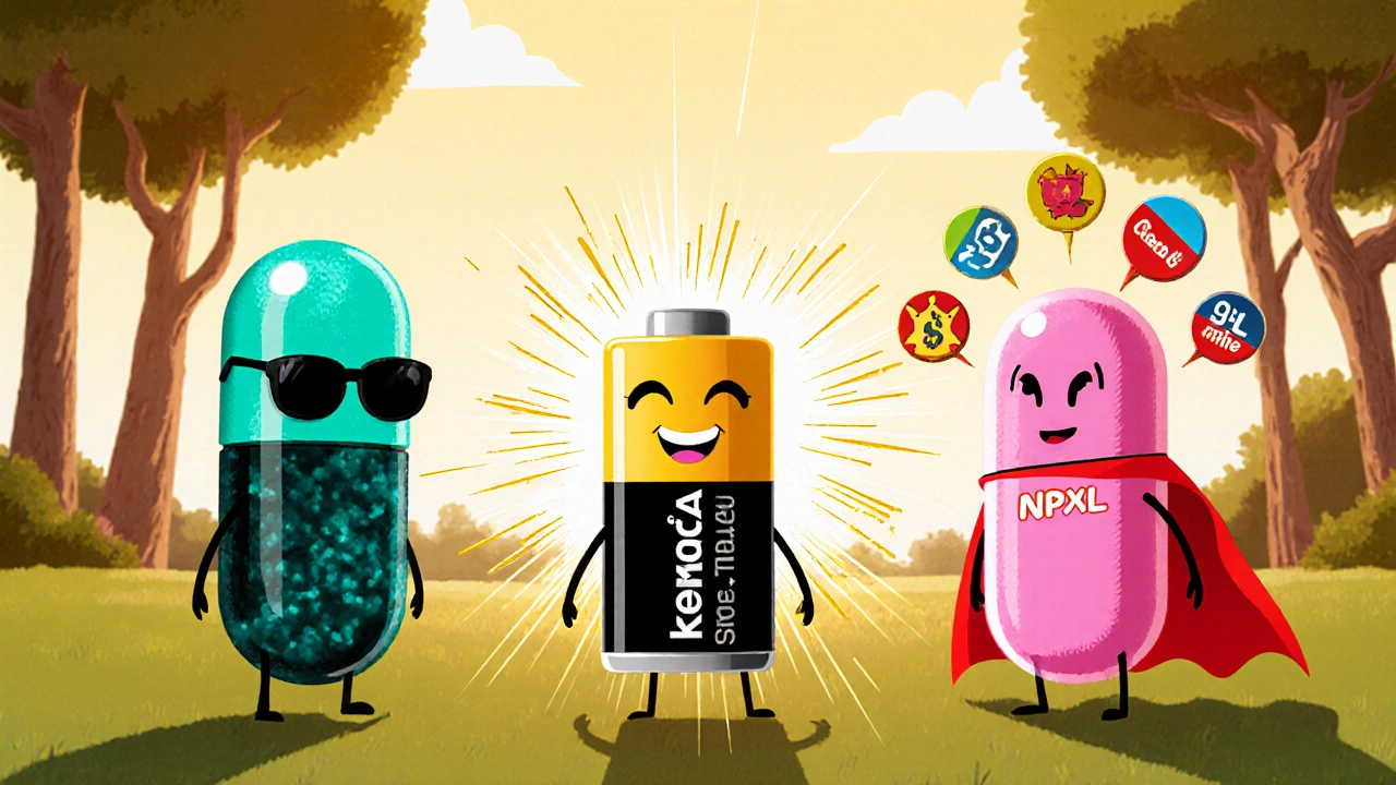 Comic‑Panel mit Omega‑3 Fisch, CoQ10 Batterie und NPXL Superheld‑Kapsel.