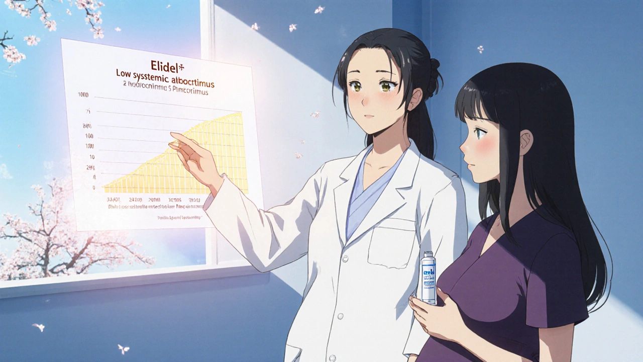 Dermatologin erklärt Medikamentendaten einer schwangeren Patientin, Hologramm im Büro.