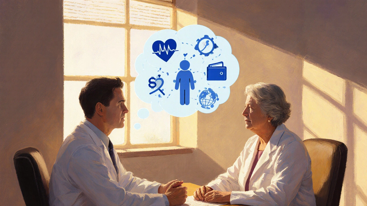 Doctor discussing treatment with patient; thought bubble shows bacteria, heart, cost, allergy, and resistance icons.