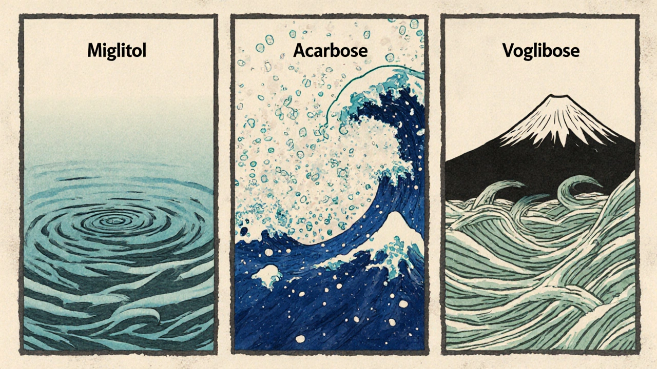 Drei Bildabschnitte zeigen Miglitol, Acarbose und Voglibose als Wellen im Darm.