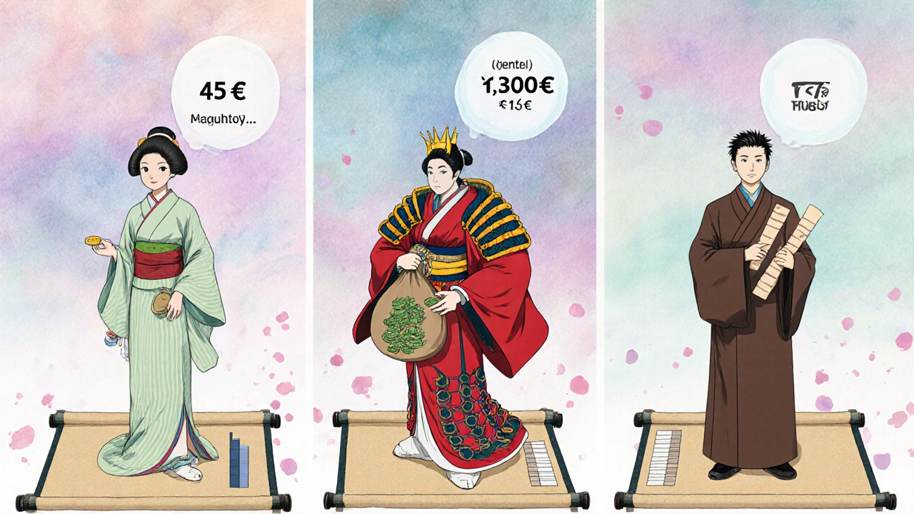 Drei Charaktere repräsentieren Orlistat, Semaglutid und Metformin mit Kosten‑ und Gewichts‑Balken.