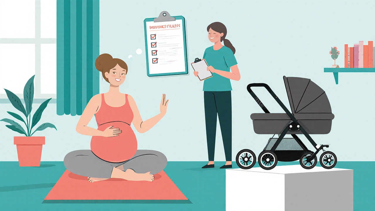 Elternteil nimmt an einem Geburtsvorbereitungskurs teil, übt Atemtechniken, während ein Sport‑Kinderwagen daneben steht.