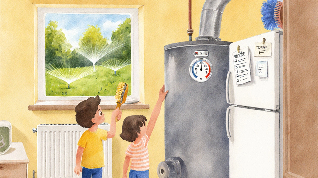 Elternteil stellt Warmwasser‑Thermostat, Kind beobachtet, Symbol für Vorbeugung.