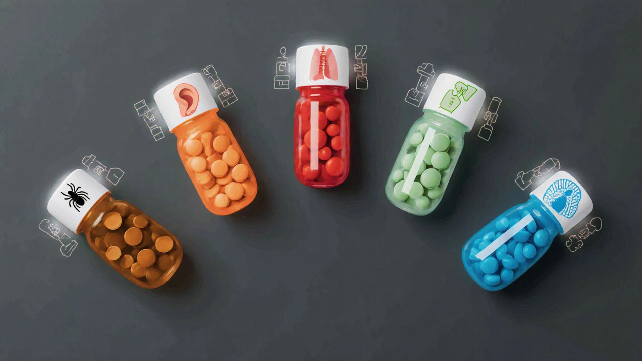 Flat‑lay of five antibiotic types with coloured pills and icons for lungs, ear, tick, and urinary tract.