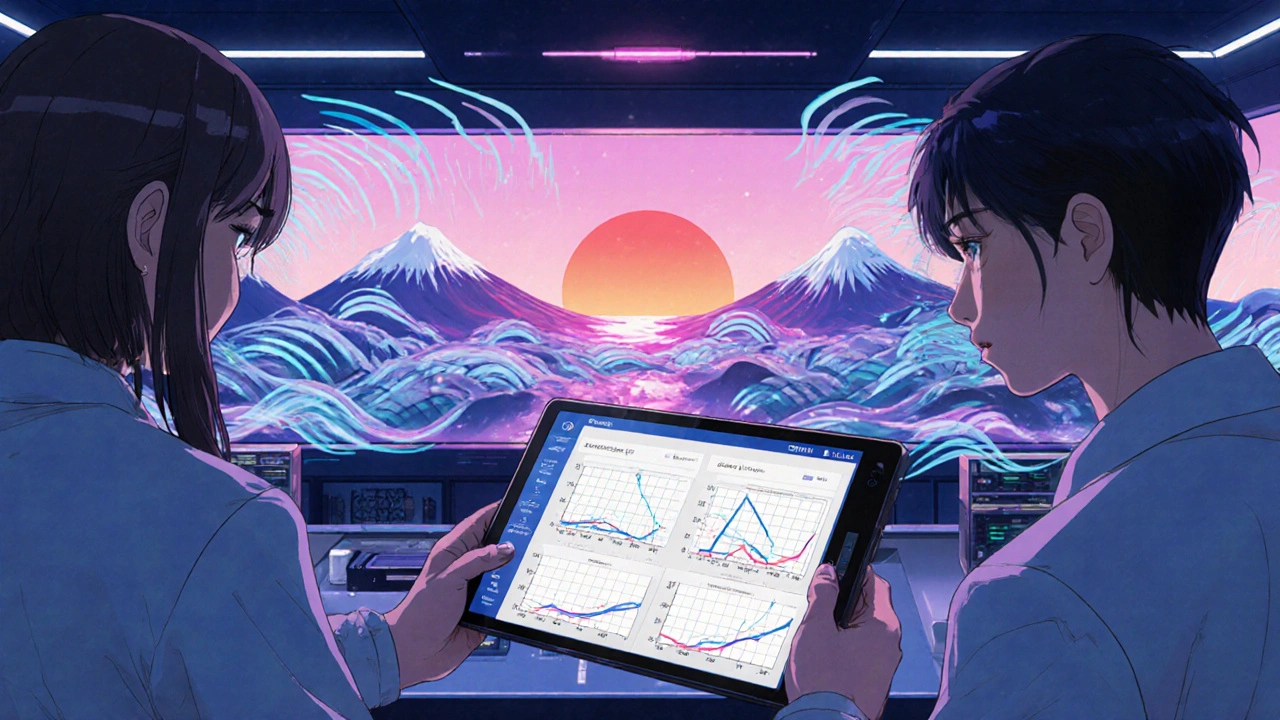 Forschungslabor mit digitalem Tagebuch für Blutzucker und Stimmung, Hintergrundsunrise.
