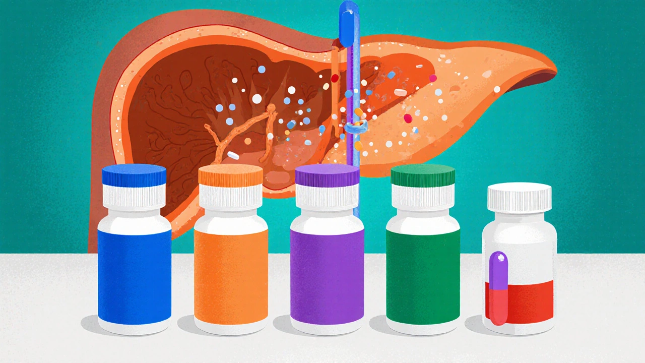 Fünf verschiedene Statin‑Fläschchen vor einer Leber‑Darstellung