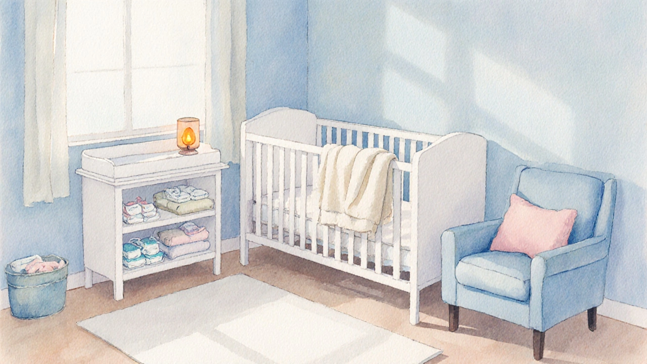 Gemütlich eingerichtetes Babyzimmer mit verstellbarem Bett, Wickelkommode und sanfter Nachttischbeleuchtung.