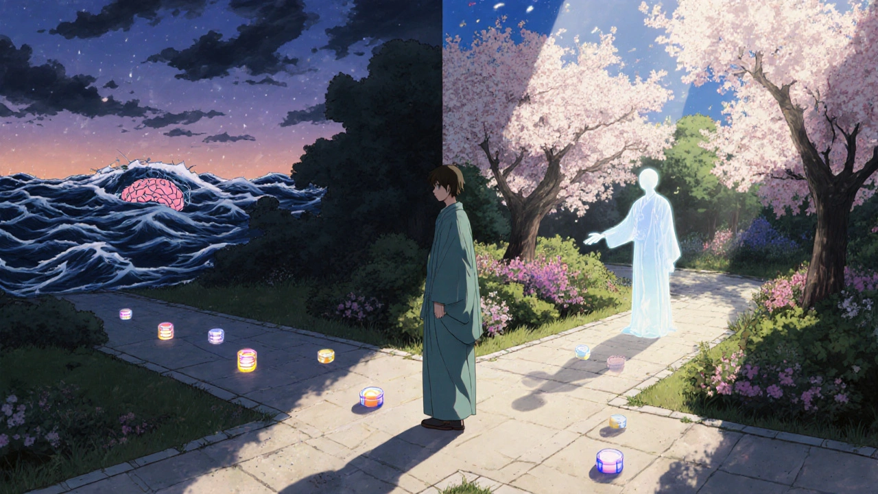 Mensch an einem Wegkreuz: eine Seite mit Medikamenten und zerbrochenem Gehirn, andere mit Garten und Licht.