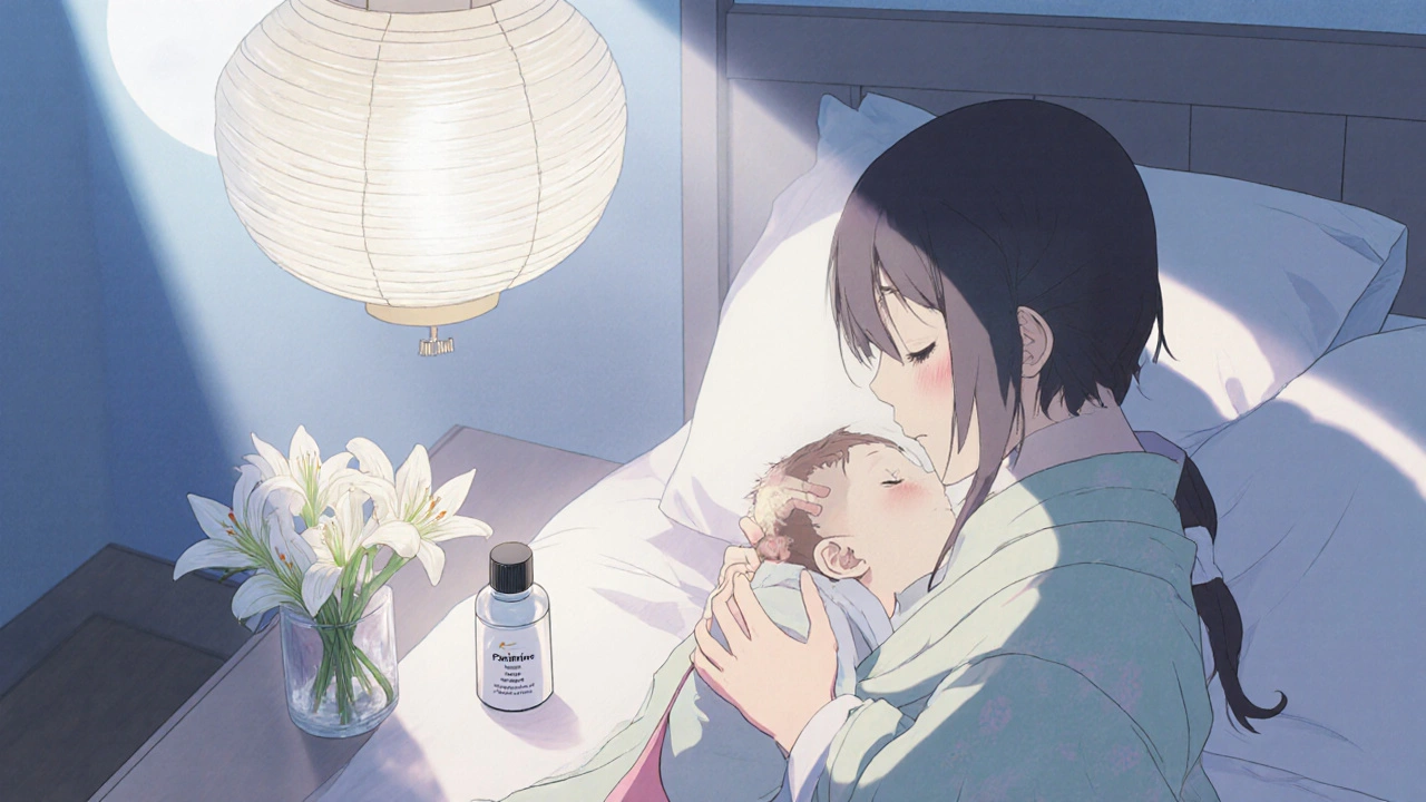 Mutter hält Neugeborenes, legt Medikamentenfläschchen beiseite, sanftes Mondlicht.