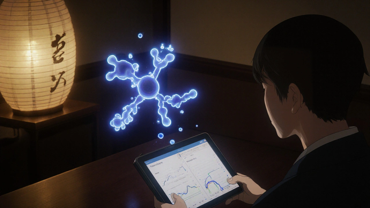 Neurologe und Patient betrachten eine molekulare Darstellung von Neurotransmittern, die verschwinden.