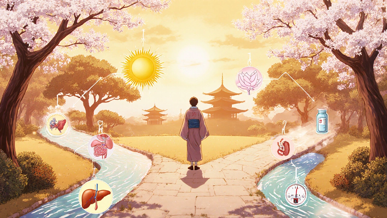 Patient steht an einem Gartenkreuzweg zu Metformin, DPP‑4‑Hemmer, SGLT2‑Hemmer und Miglitol.