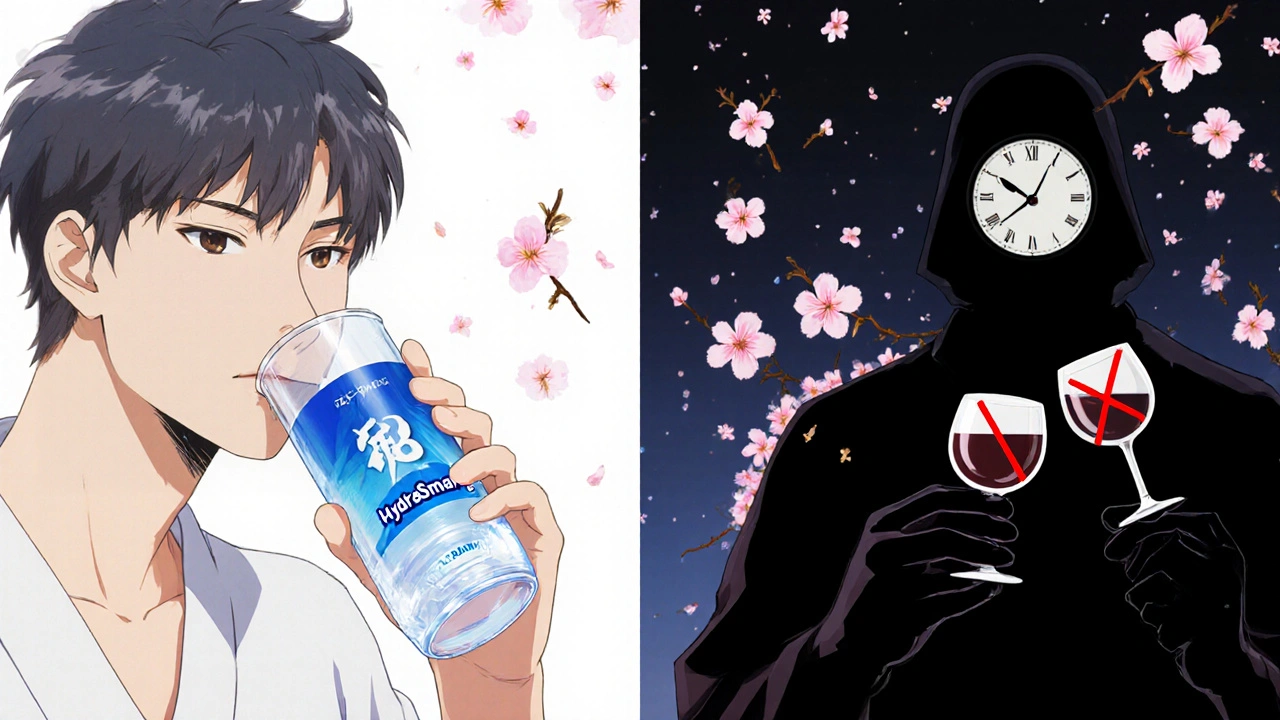 Patient trinkt Elektrolytgetränk, neben ihm Kaffee und Wein mit Verbotssymbolen, Kirschblüten fallen.