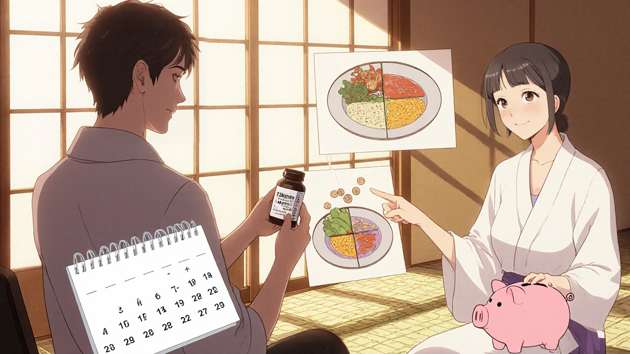 Patientin spricht mit Ernährungsberaterin, hält Vitamine und ein Sparschwein.