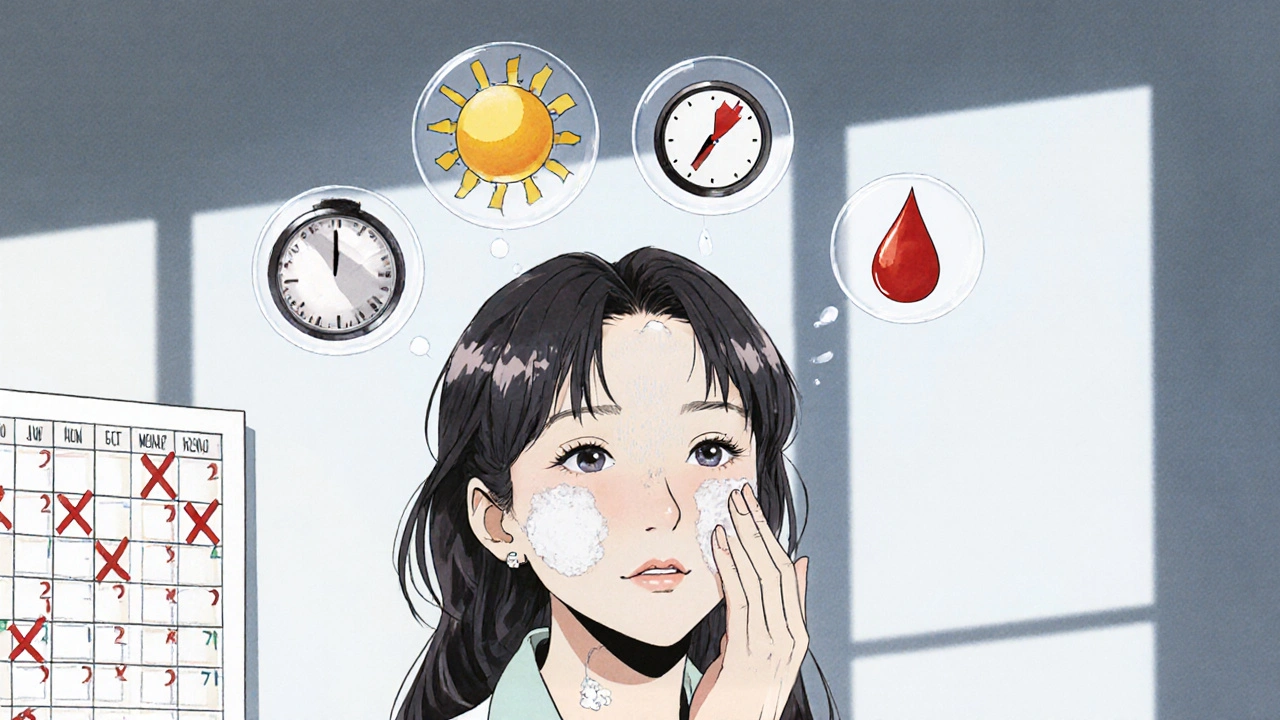 Patientin trägt weißen Zinkoxid-Sonnenschutz auf, im Hintergrund ein Kalender mit roten X’s für tägliche Anwendung.