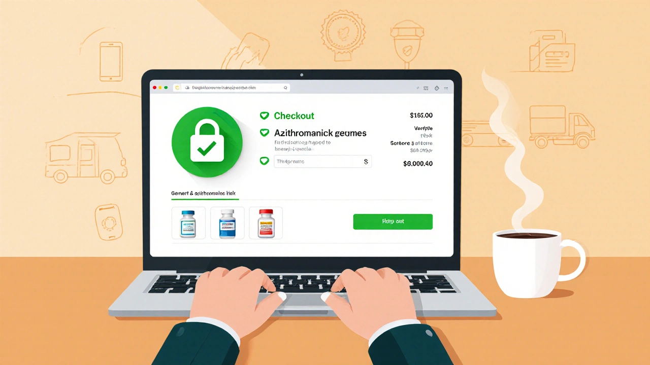 Person bestellt online über sicheres Interface generisches Azithromycin, Laptop zeigt Sicherheits‑Icons.