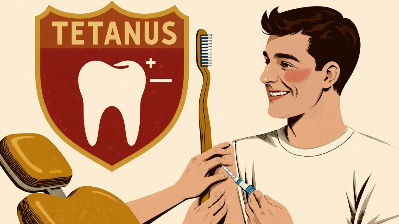Person erhält Tetanus‑Booster, Zahn‑Pflege und Schutzschild im Hintergrund.