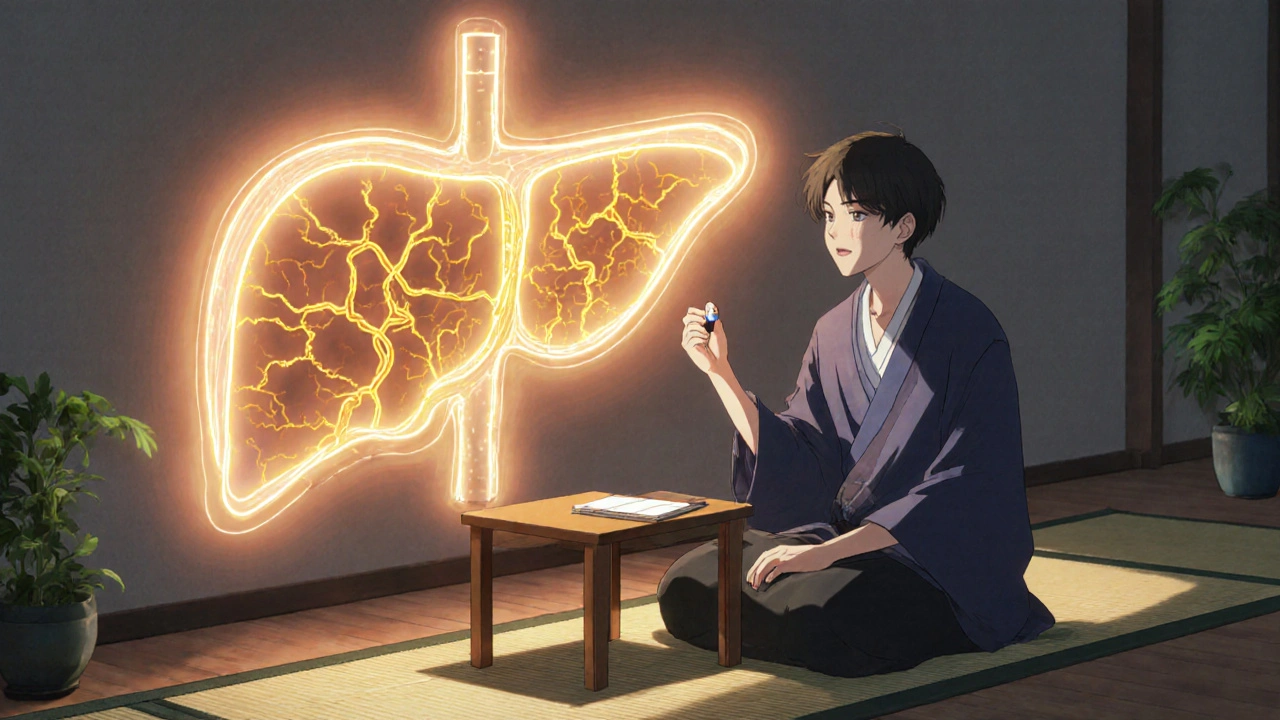 Person hält Kapsel, leuchtende Leber im Hintergrund, beruhigende Atmosphäre.