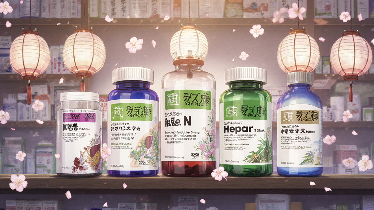 Regal mit fünf Leber‑Supplement‑Flaschen, jedes unterschiedlich gestaltet.