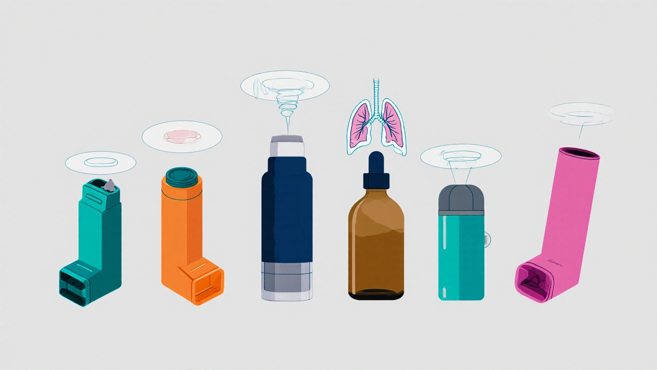 Sechs verschiedene Inhalationsgeräte nebeneinander dargestellt, um deren Unterschiede zu visualisieren.