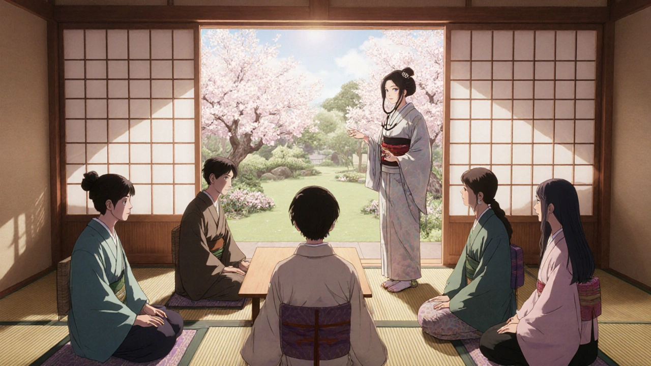 Therapiegruppe im japanischen Raum, Arzt berät, warme Atmosphäre im Ukiyo‑e‑Anime.