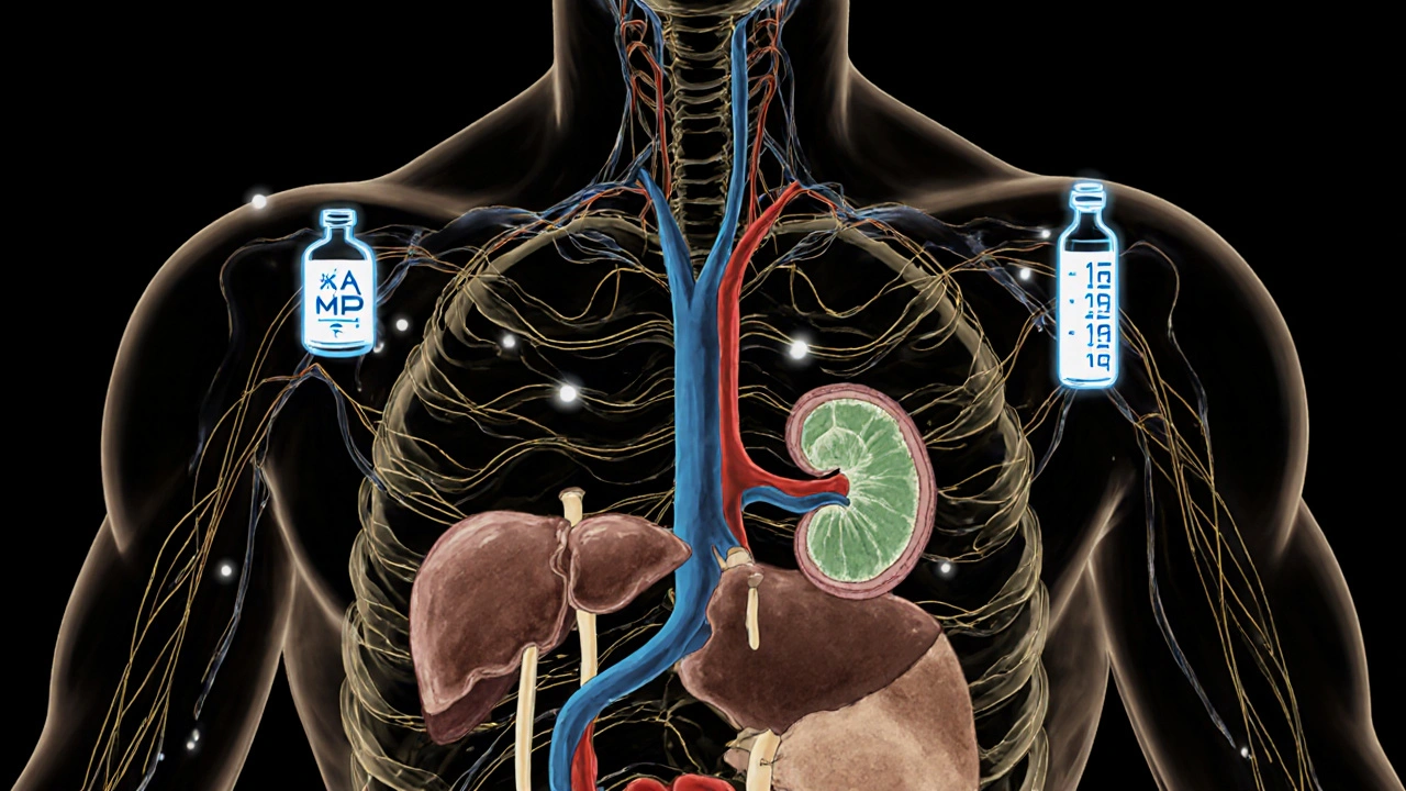 Ukiyo-e‑Stil Darstellung von Leber, Niere und Azathioprin‑Stoffwechsel mit Laborproben.