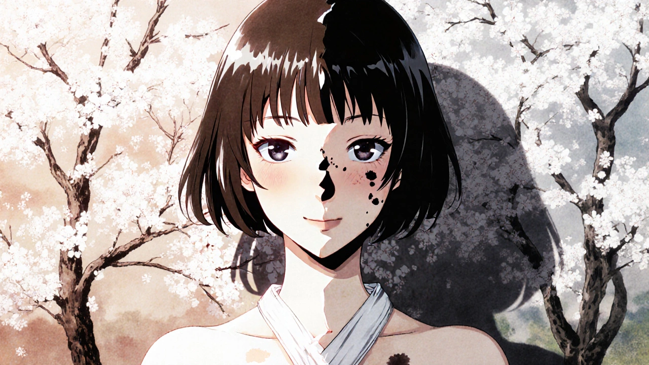 Vorher-Nachher-Bild: Eine Frau mit heller Fleck auf der Nase und dunklen Stellen am Dekolleté, ihr Schatten ist gebrochen.