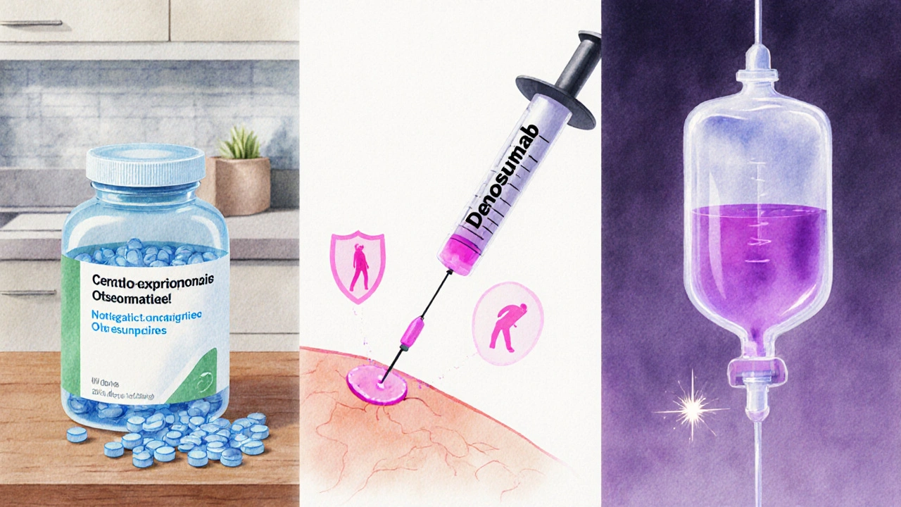 Wasserfarben‑Split‑Screen zeigt orale Tabletten, subkutane Spritze und IV‑Infusion für verschiedene Osteoporose‑Medikamente.