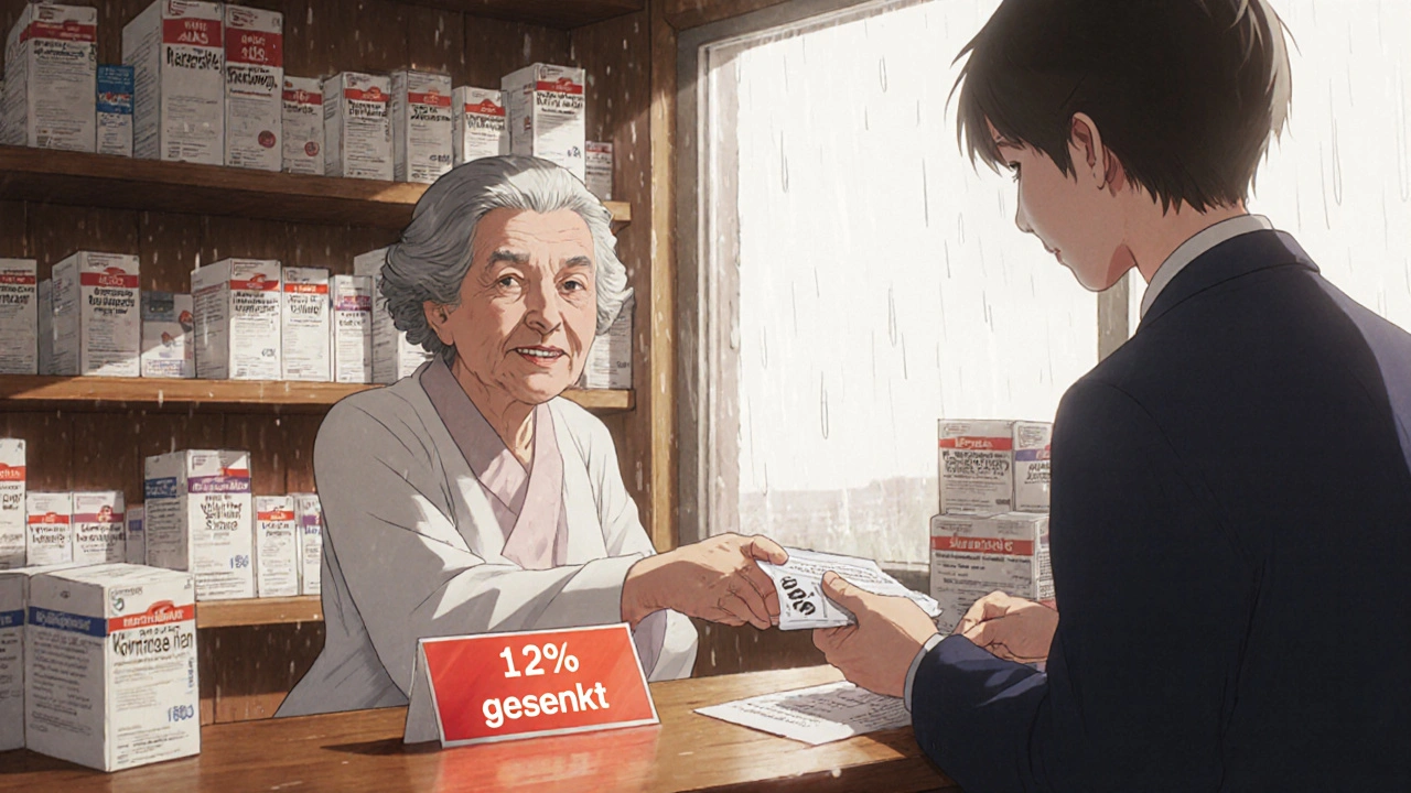 Ältere Frau erhält Rabatt von Apothekerin in kleiner Apotheke, freundliche Atmosphäre