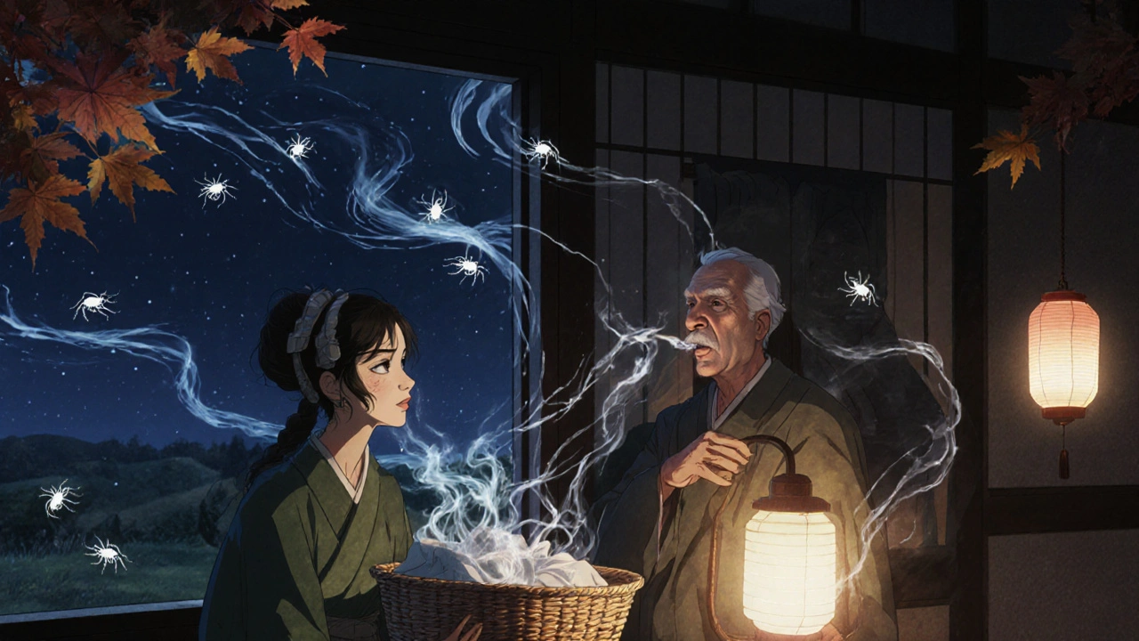 Älterer Mann nimmt Ivermectin-Tablette ein, milbenförmige Schatten lösen sich in Rauch auf.