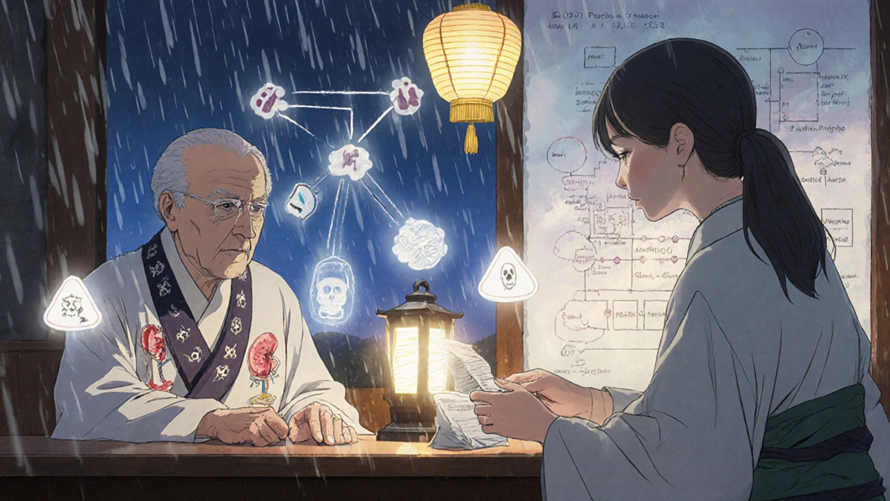 Apotheker gibt Patient ein Rezept, holografische Warnsymbole schweben, molekulare Wechselwirkungen als Laternenlicht, Regen fällt draußen.