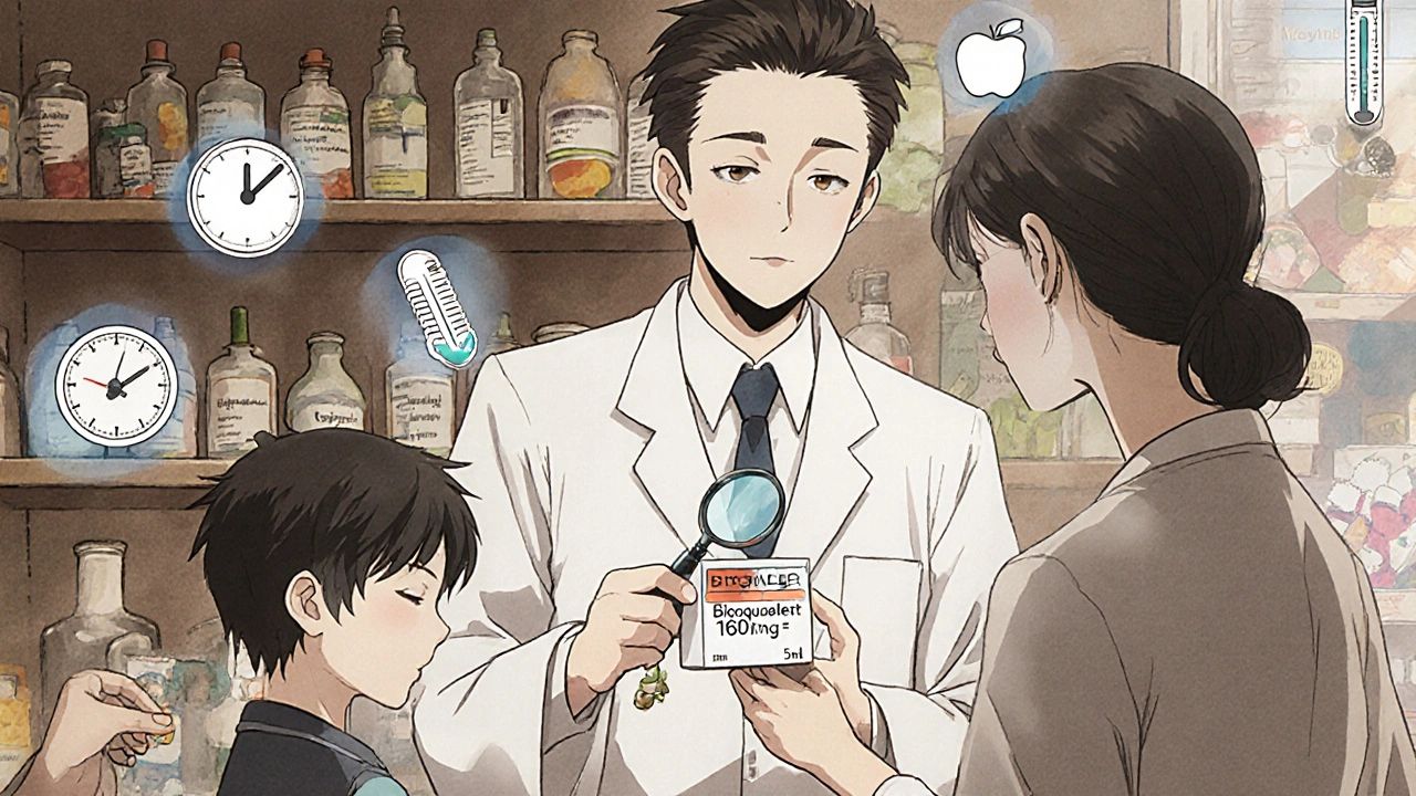 Apotheker zeigt Eltern eine bioäquivalente Kautablette mit erklärenden Symbolen.