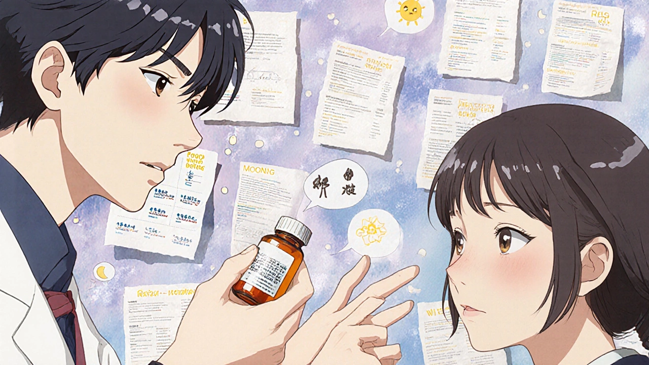 Apothekerin zeigt einer jungen Mutter, wie sie Medikamente einnimmt, mit mehrsprachigen Informationsblättern im Hintergrund.