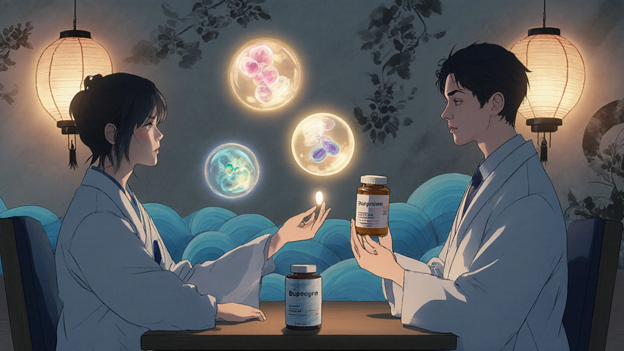 Arzt reicht Patientin Bupropion-Pille neben SSRI-Flasche, warme Neurotransmitter schweben zwischen ihnen.