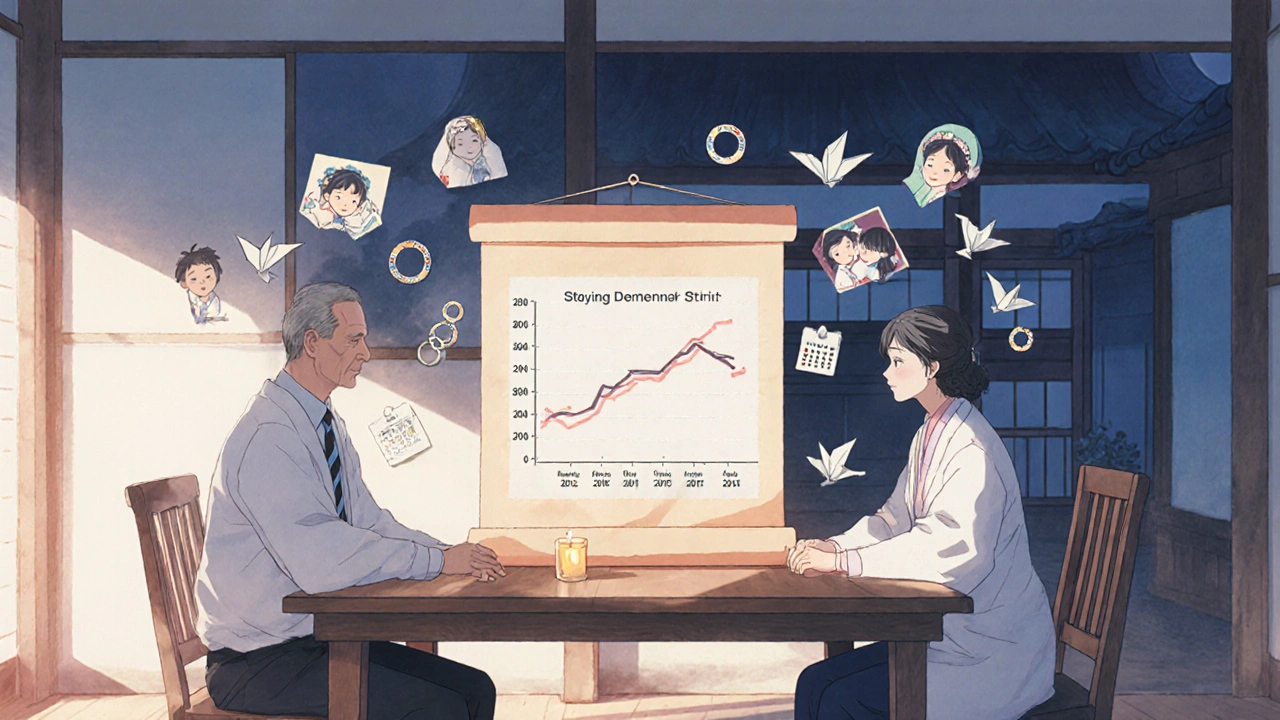 Arzt und Patient betrachten einen Scroll mit Daten, während verlorene Erinnerungen als Origami-Vögel zurückkehren.