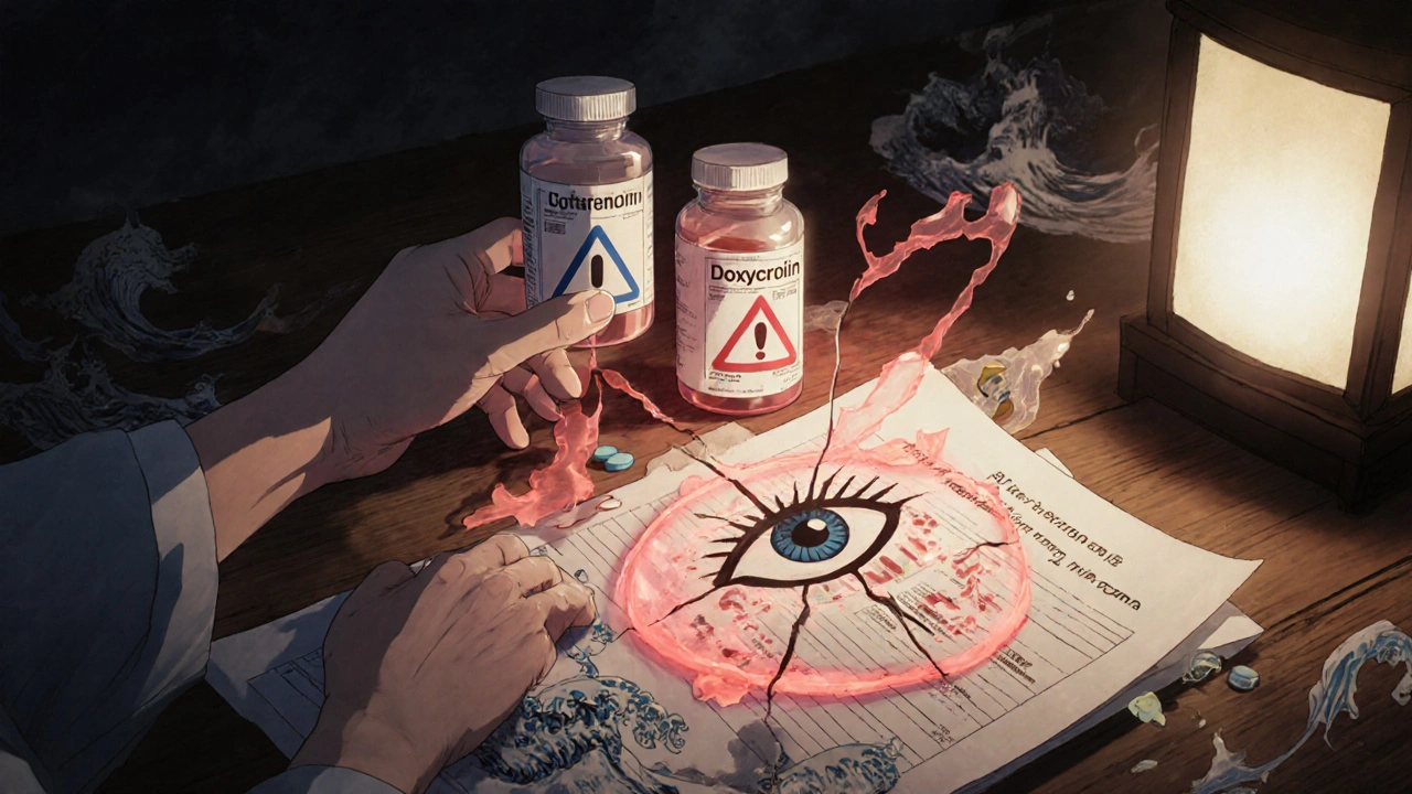 Arzt zögert bei der Verschreibung von Isotretinoin und Doxycyclin, Warnsymbol bricht über der Patientenakte, Druckflüssigkeit steigt.