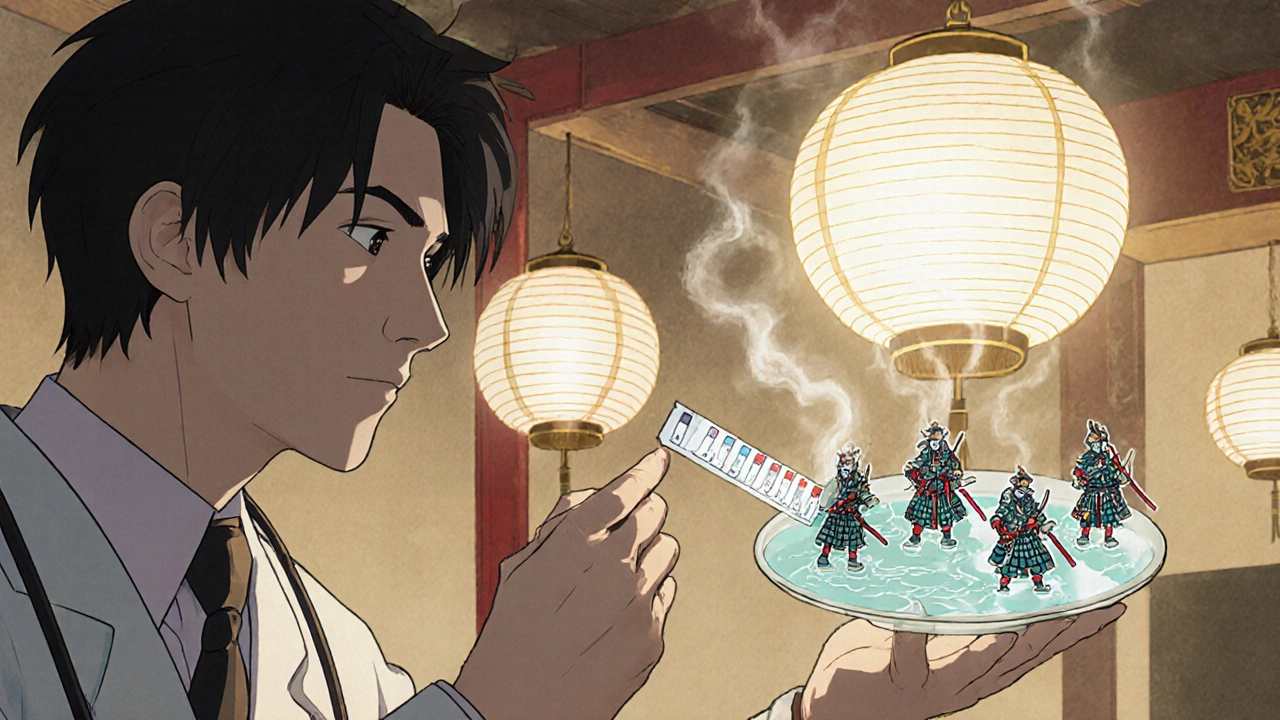 Ärztin prüft Urinstreifen, während Bakterien wie Samurai zurückweichen, umgeben von japanischen Laternen.