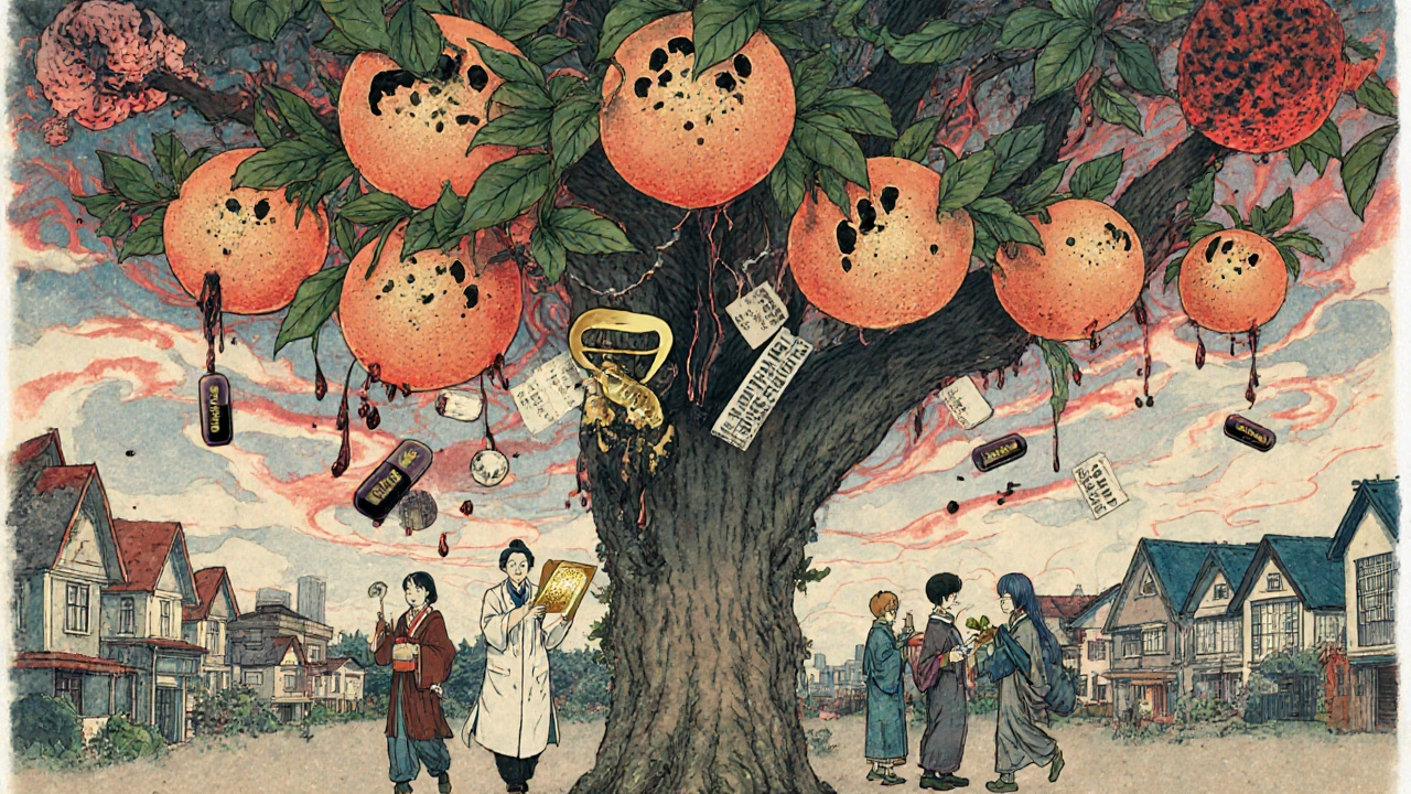 Baum mit giftigen Grapefruits, die Medikamente in einer Stadt infizieren.