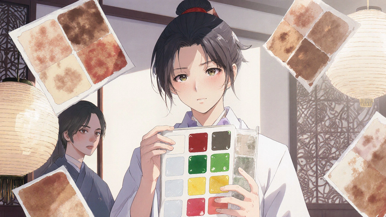 Dermatologin mischt individuelle Pigmente für Vitiligo-Camouflage, Hauttöne schweben um sie herum.