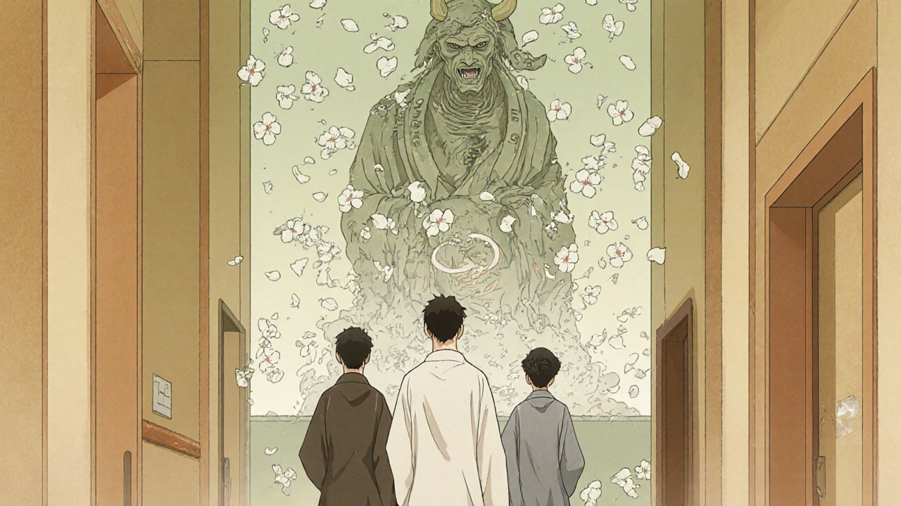 Drei Patienten mit sicheren Alternativen zur Aknebehandlung, hinter ihnen zerfällt eine Statue der gefährlichen Kombination, Blüten steigen auf.