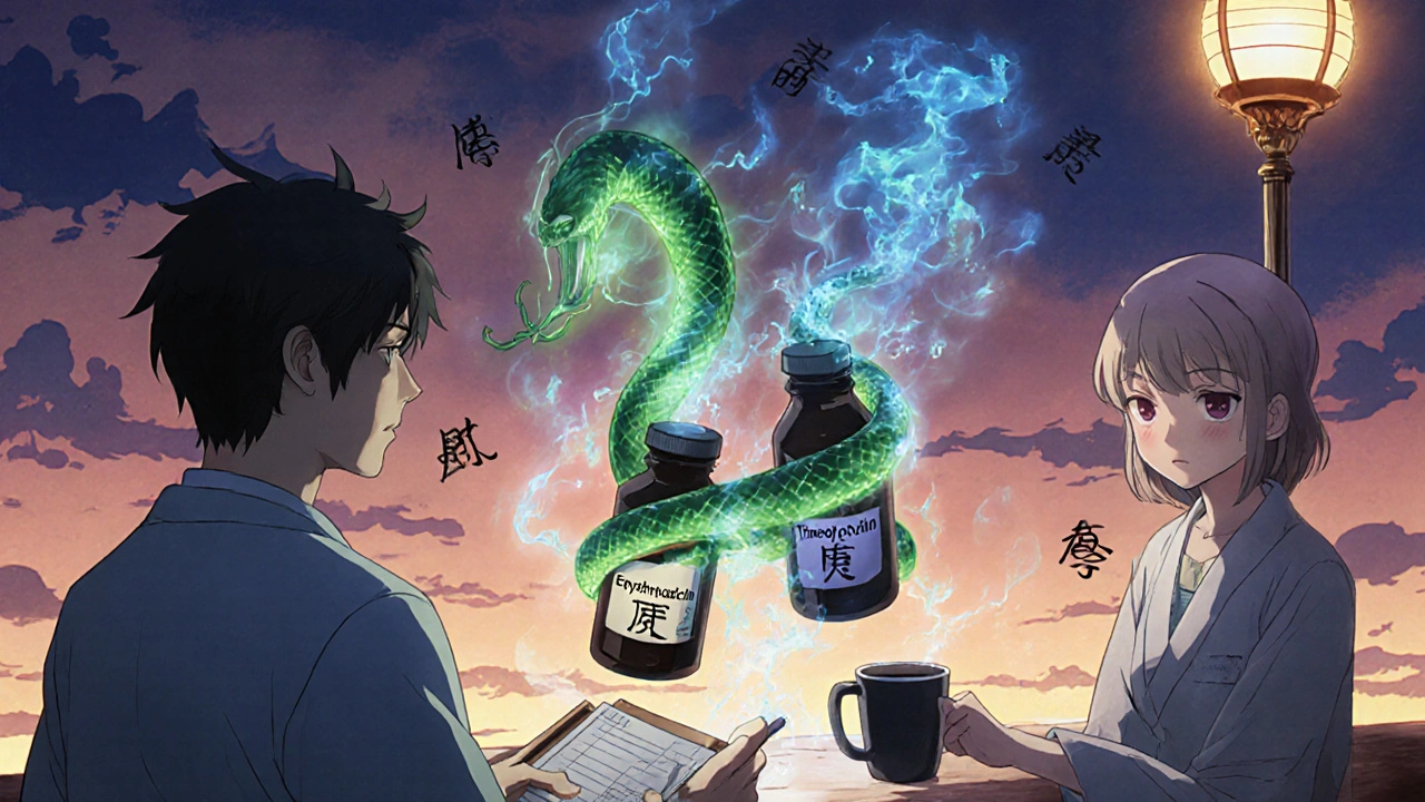 Ein Apotheker und ein Patient, deren Medikamente giftige Dämpfe erzeugen, die den Theophyllin-Spiegel beeinflussen, in Ukiyo-e-Stil.