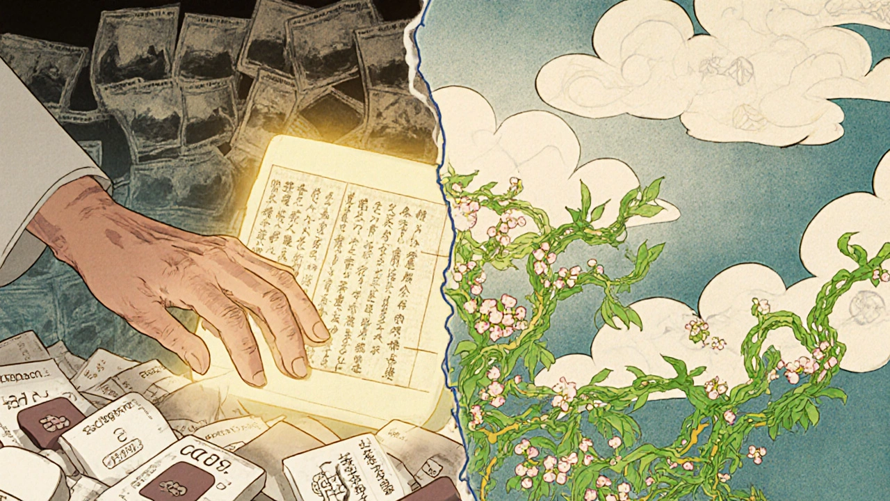 Ein Arzt hilft einem Patienten, gefährliche Medikamente abzulegen, während neue, sichere Alternativen in goldenem Licht erstrahlen und neuronale Verbindungen wiederhergestellt werden.