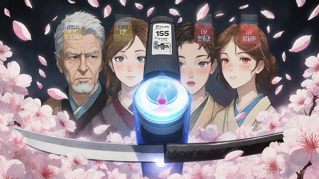 Ein Fingerstich-Gerät misst den Theophyllinspiegel, während die Blutwerte verschiedener Patienten als schwebende Zahlen sichtbar sind, in anime-artiger Ukiyo-e-Optik.