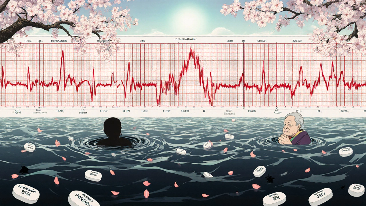 Ein Herzmonitor zeigt eine gefährlich verlängerte QT-Wellenlinie, während Medikamente in dunkles Wasser sinken, Kirschblüten werden schwarz.